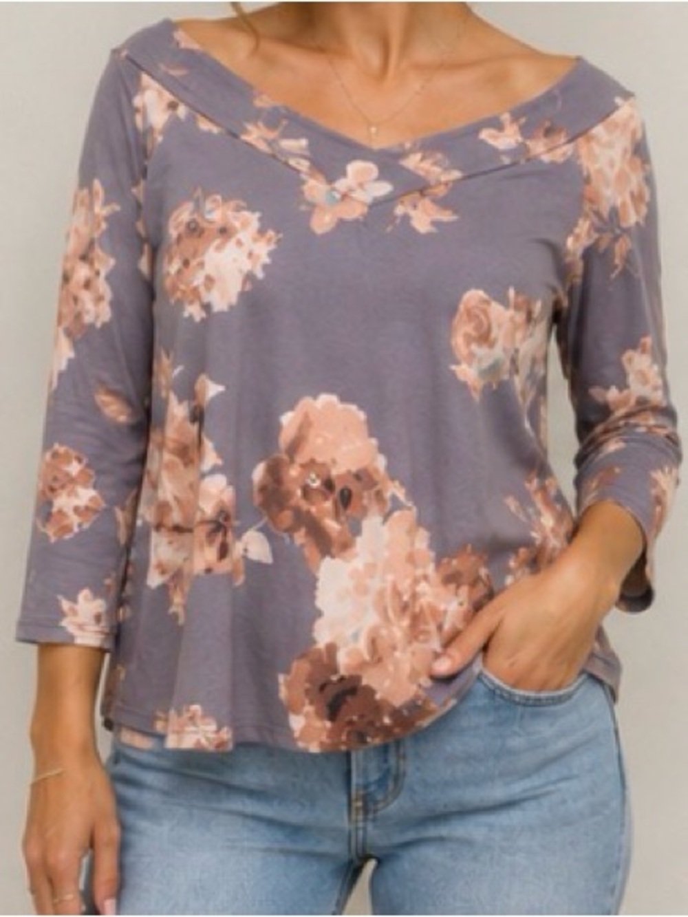 mts Dusty Purple Floral V-Neck Long Sleeve Top